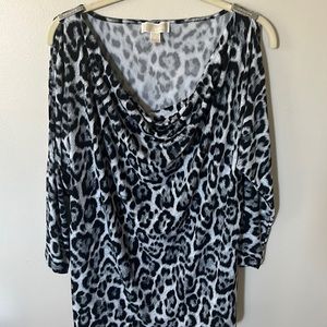 Michael Kors Black and White Leopard Print Cowl Neck Top